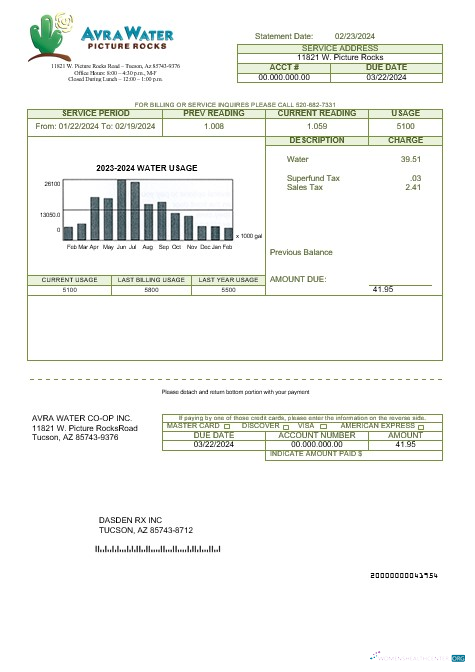 Download USA Arizona Avra Water business utility bill template in Word and PDF formats Photoshop template